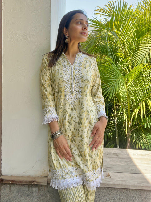 Sahiba bali in Samma Chikankari Co-ord set in Cotton for Women- Cream